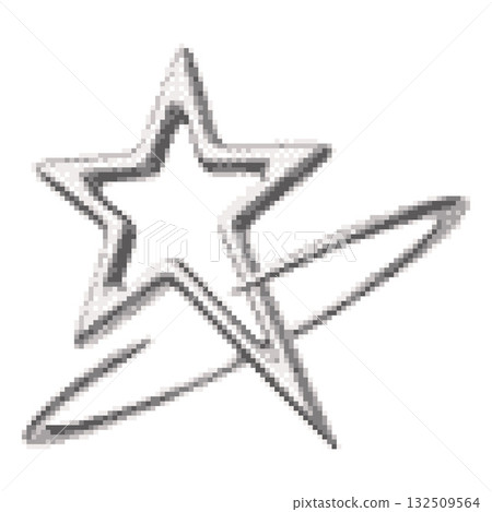 Pixelated five-pointed star with one elongated end and an oval, Y2K, chrome silver color. 132509564