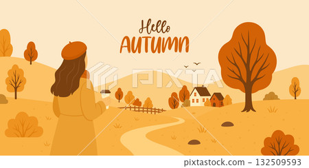 Hello Autumn Landscape Vector Illustration. Flat Cartoon Girl in Beret with Coffee Cup Looking at Countryside Road, Trees and Village. Seasonal Autumn Background, Autumn Scene, Poster 132509593