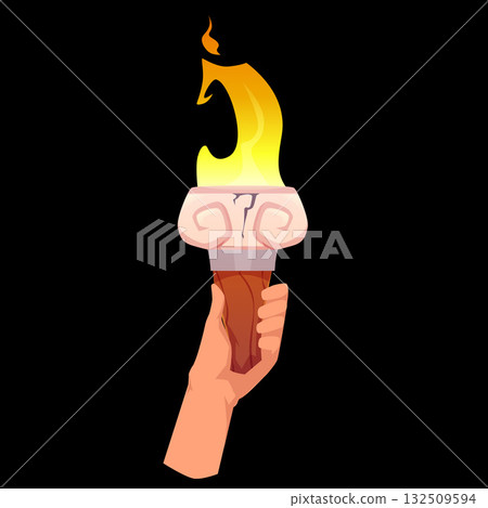 Medieval torch with burning fire in hand, cartoon vector ancient flambeau fire marble and wooden stick, Greek torchlight Medieval torch with burning fire in hand, cartoon vector ancient flambeau fire marble and wooden stick, Greek torchlight 132509594