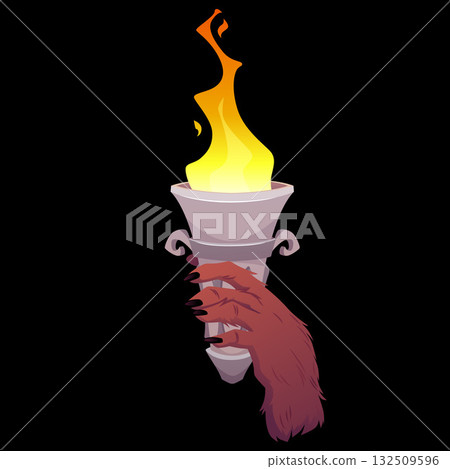 Medieval burning torch flame in paw of an animal, vector cartoon brown bear paw holds ancient fire marble stick flambeau 132509596
