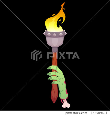 Medieval wooden torch with burning fire in zombie green hand, vector cartoon game creepy ancient flambeau, Halloween Medieval wooden torch with burning fire in zombie green hand, vector cartoon game creepy ancient flambeau, Halloween 132509601