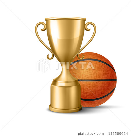 Vector 3d Realistic Golden Trophy Cup, Basketball Ball, Isolated. Sports Award Illustration for Basketball Championship, Team Victory, Champion Prize, Athletic Achievement, Tournament Winner Concept 132509624