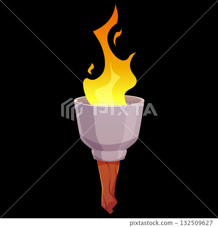 Medieval torch with burning fire, cartoon vector game ancient handle flambeau fire stone and wooden stick, torchlight 132509627