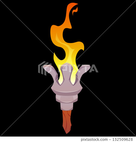 Medieval torch with burning fire, vector cartoon ancient handle flambeau fire on stone and wooden stick, game torchlight 132509628