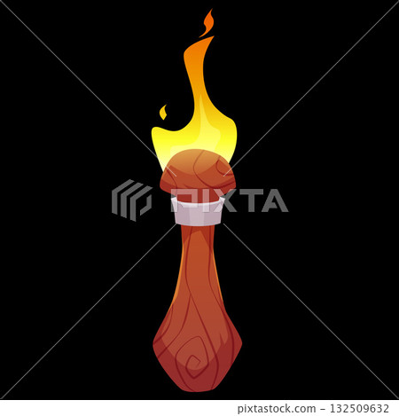 Medieval wooden torch with burning fire, vector cartoon ancient handle or wall flambeau fire wood stick, game torchlight 132509632