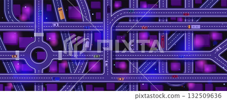 Street road top view with crossroads and cars, highway traffic with asphalt road with dividing dotted lines and vehicles 132509636