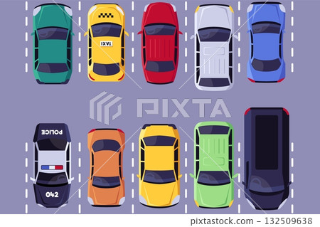 Road transport types top view on the parking, urban civilian and van vehicles, Police and Taxi cars, vector automobile Road transport types top view on the parking, urban civilian and van vehicles, Police and Taxi cars, vector automobile 132509638