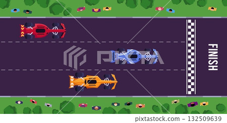 Racing sport super cars finish on track top view vector set, F1 racing bolid vehicle, cartoon speed extreme transport 132509639