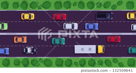Asphalt road with dividing lines top view, highway with cars, van, truck from above, vector four-lane traffic road above Asphalt road with dividing lines top view, highway with cars, van, truck from above, vector four-lane traffic road above 132509641