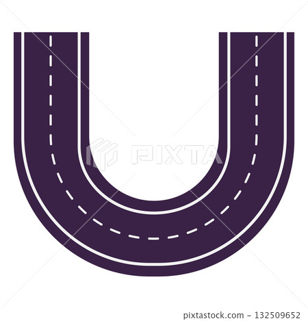 U-turn asphalt road with dividing lines top view, vector around highway from above, road markings with dotted lines 132509652