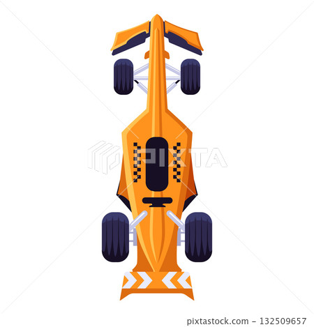 Orange racing sport super car top view, vector F1 racing bolid vehicle with checkered pattern, speed extreme transport Orange racing sport super car top view, vector F1 racing bolid vehicle with checkered pattern, speed extreme transport 132509657