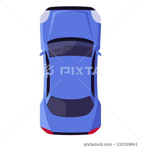 Blue car top view, urban civilian vehicle for driving, vector cartoon automobile sedan car, auto transport from above 132509661