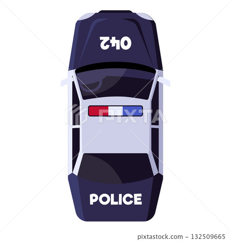 Police car top view, vehicle with flashing lights, sirens, policeman patrol vector transport for 911, emergency service Police car top view, vehicle with flashing lights, sirens, policeman patrol vector transport for 911, emergency service 132509665