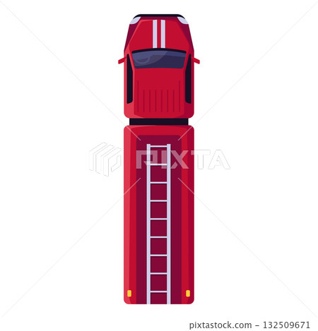 Fire truck with ladder top view, urban service red vehicle, vector cartoon truck with platform for working at height Fire truck with ladder top view, urban service red vehicle, vector cartoon truck with platform for working at height 132509671