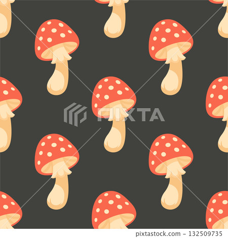 Amanita Mushroom Vector Seamless Pattern. Cartoon Red Amanita Mushroom on Black Background. Forest Background. Poisonous Mushroom Fabric. Amanita Nature Decor, Woodland Print Design Amanita Mushroom Vector Seamless Pattern. Cartoon Red Amanita Mushroom on Black Background. Forest Background. Poisonous Mushroom Fabric. Amanita Nature Decor, Woodland Print Design 132509735