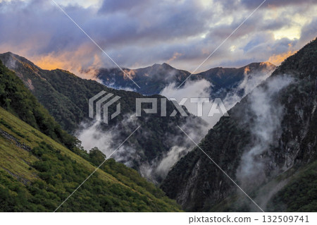 View of Yokoo Valley before dawn from Karasawa Cirque in the Northern Alps in autumn 132509741