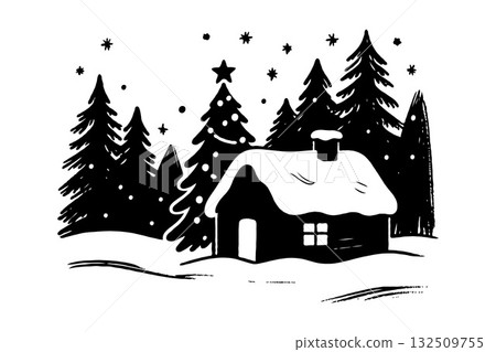 Cozy cabin covered in snow surrounded by pine trees, hand-drawn ink style, on white background, concept of peaceful winter holiday Cozy cabin covered in snow surrounded by pine trees, hand-drawn ink style, on white background, concept of peaceful winter holiday 132509755
