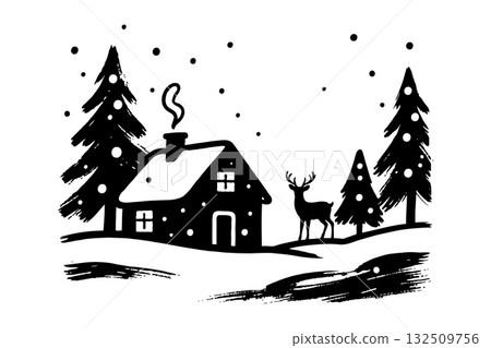 Cozy winter cabin with smoking chimney, snowy pine trees, and a deer in silhouette on a white background, representing a peaceful winter scene 132509756