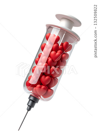 3d medical syringe filled with red hearts instead of medicine, symbolizing love, healing and vaccination concept, isolated on a transparent background 3d medical syringe filled with red hearts instead of medicine, symbolizing love, healing and vaccination concept, isolated on a transparent background 132509822