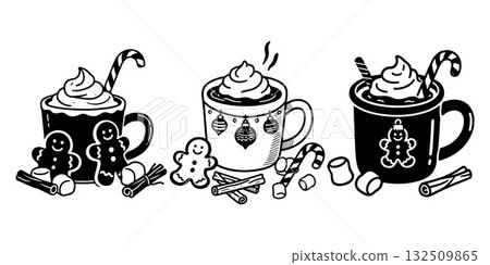 Three festive mugs with whipped cream, candy canes, gingerbread cookies, cinnamon sticks, and marshmallows in hand-drawn style on white background Three festive mugs with whipped cream, candy canes, gingerbread cookies, cinnamon sticks, and marshmallows in hand-drawn style on white background 132509865