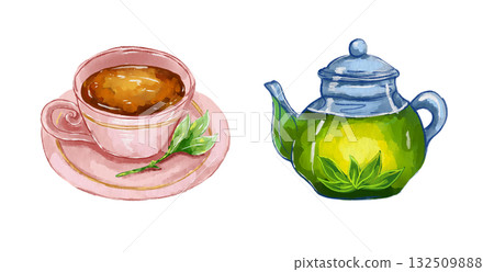 Watercolor illustration of a teapot with green tea and a pink teacup Watercolor illustration of a teapot with green tea and a pink teacup 132509888