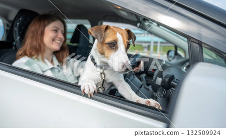 Caucasian woman traveling by car with her dog. Caucasian woman traveling by car with her dog. 132509924
