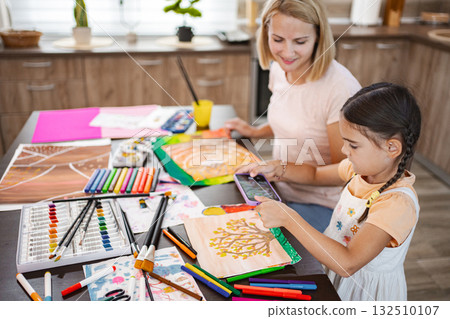 Mother and daughter enjoying an arts and crafts session in a cozy kitchen during the afternoon 132510107