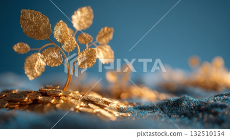 Golden Coins And Delicate Gold Leaves Artwork Symbolizing Wealth, Growth, And Prosperity Golden Coins And Delicate Gold Leaves Artwork Symbolizing Wealth, Growth, And Prosperity 132510154