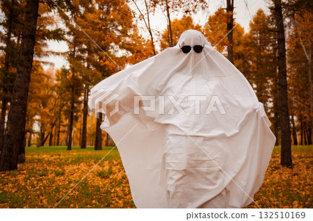 Woman in a ghost costume against the backdrop of an autumn forest. Halloween costume.  132510169
