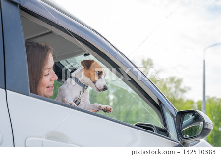 Caucasian woman looking out of car window with dog.  132510383