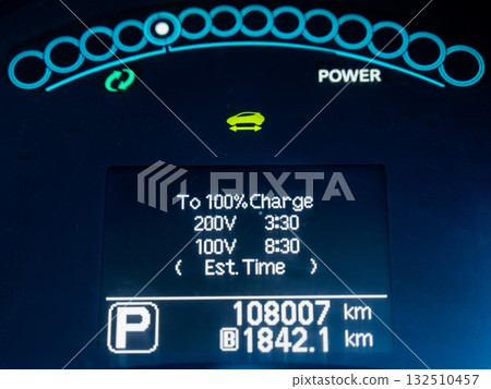 Electronic dashboard of an electric car. Battery charge level.  132510457
