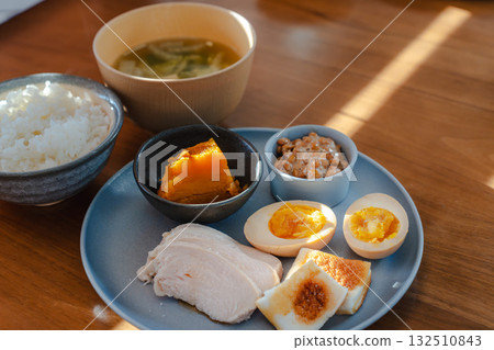 A Japanese-style breakfast plate with boiled eggs, chicken ham, simmered pumpkin, and natto. A Japanese-style breakfast plate with boiled eggs, chicken ham, simmered pumpkin, and natto. 132510843