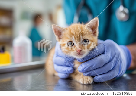 Small kitten being examined by veterinarian.Caring vet holding cute kitten in clinic 132510895