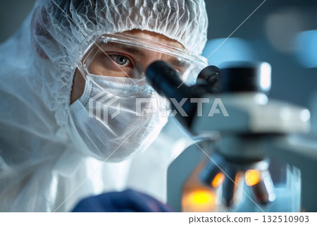 Researcher examining sample under microscope 132510903