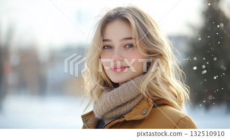 Elegant woman in beige coat enjoying snowfall outdoors Elegant woman in beige coat enjoying snowfall outdoors 132510910