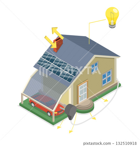 3D Isometric Flat Vector Illustration of Energy-plus Houses, Showcasing Innovative Private Construction Technologies. Item 3 132510918