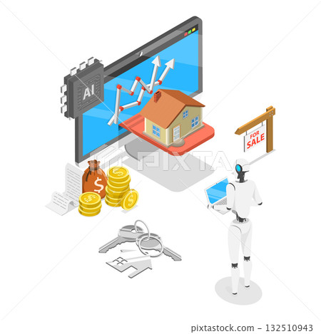 3D Isometric Flat Vector Illustration of AI In Real Estate, AI-Assisted Home Buying. Item 3 132510943