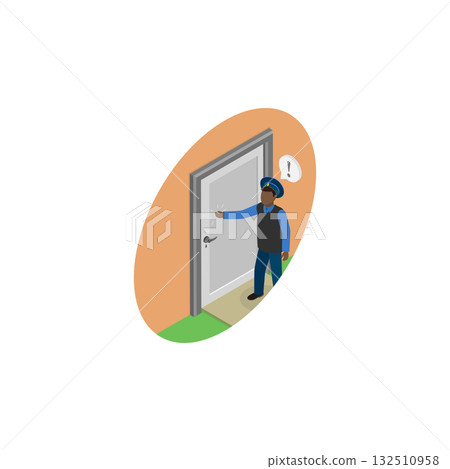 3D Isometric Flat Vector Illustration of Characters Knocking On Door, Entrance to Apartment or Office. Item 1 132510958