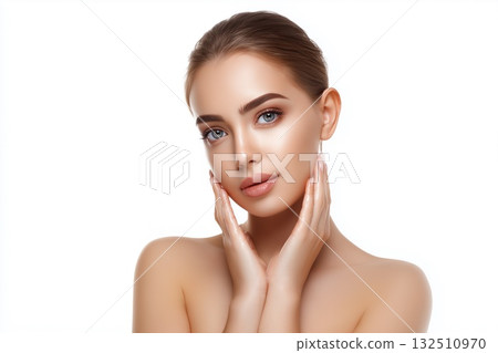 Beautiful woman touching face with gentle smile 132510970