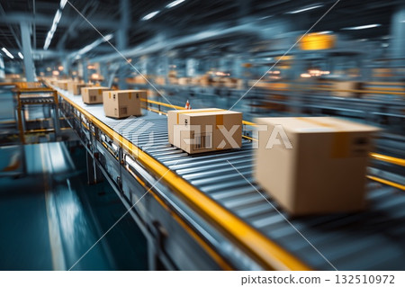 Conveyor belt with cardboard boxes in warehouse.Industrial packaging and delivery process 132510972