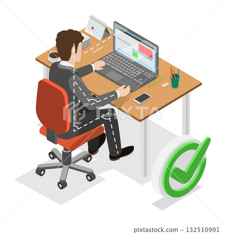 3D Isometric Flat Vector Illustration of How To Sit At Desk, Advice For Office Workers On Correct Sitting Posture. Item 1 132510991