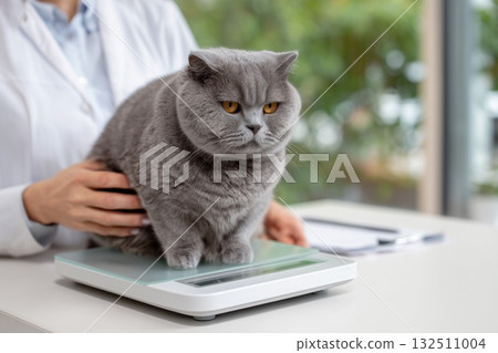 Veterinarian weighing a cat on modern pet scale Veterinarian weighing a cat on modern pet scale 132511004