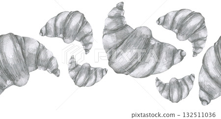 Croissant pencil seamless border. Hand drawn banner with fresh bakery pastry, pencil graphics sweet food clipart for product packing, menu, cafe design 132511036