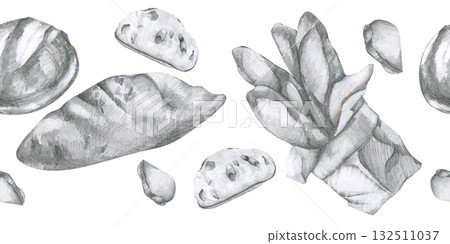 Bread and baguette pencil graphics seamless border. Hand drawn black and white graphics banner with fresh bakery food clipart, crispy morning pastry painting for packing,menu design 132511037