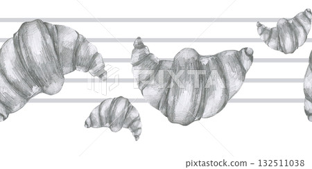 Croissant pencil graphics seamless border. Hand drawn black and white engraved graphics with grey stripes and fresh pastry food for packing, wallpaper, cafe and bakery menu,card design 132511038