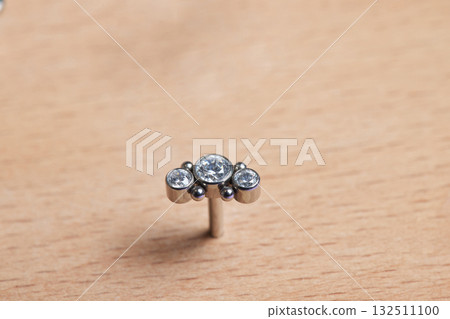 Beautiful piercing jewelry on wooden display. Macro shot. Selective focus. Beautiful piercing jewelry on wooden display. Macro shot. Selective focus. 132511100