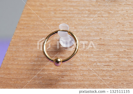 Beautiful piercing jewelry on wooden display. Macro shot. Selective focus. Beautiful piercing jewelry on wooden display. Macro shot. Selective focus. 132511135
