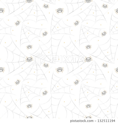 Halloween pattern spiders crawling on web. Watercolor illustration is hand-drawn in childish style. Seamless print isolated from background is suitable for textiles, fabrics, clothing, wallpaper paper 132511194