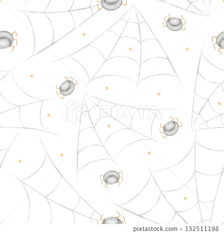 Halloween pattern spiders crawling on web. Watercolor illustration is hand-drawn in childish style. Seamless print isolated from background is suitable for textiles, fabrics, clothing, wallpaper paper 132511198