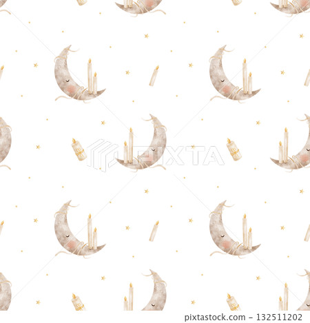 Moon crescent with candles pattern. Watercolor illustration hand-drawn in a childish Halloween style. Seamless print isolated from background for textiles, fabrics, clothing, wallpaper, packaging. Moon crescent with candles pattern. Watercolor illustration hand-drawn in a childish Halloween style. Seamless print isolated from background for textiles, fabrics, clothing, wallpaper, packaging. 132511202
